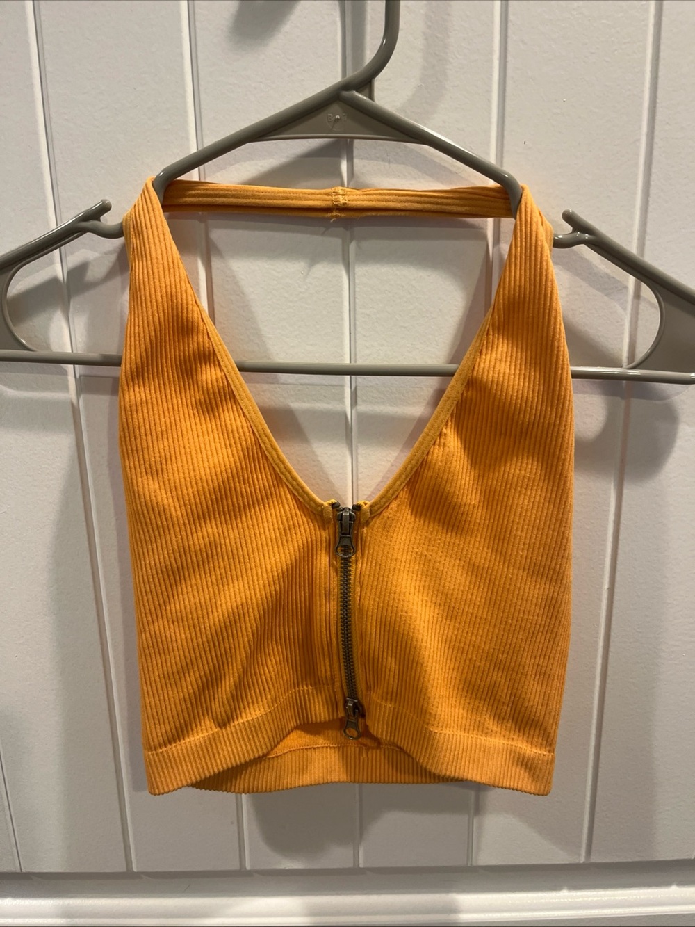 Urban Outfitters Ribbed Zip-Halter Crop Top - Orange